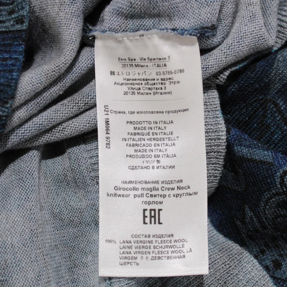 Etro NWT Pullover Crew Neck Sweater Size XXL in Blue Paisley 100% Wool